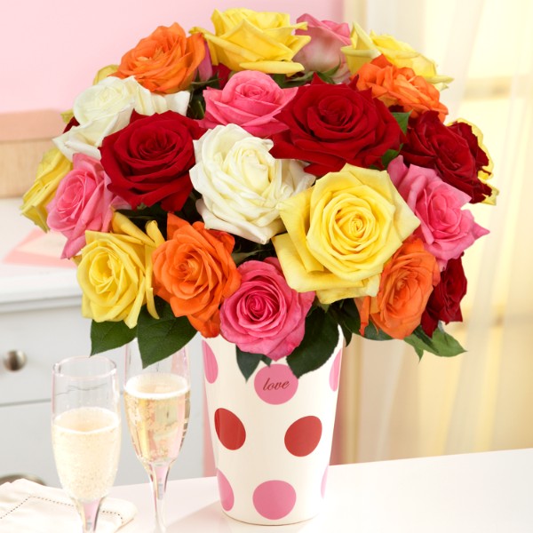 Roses - 24 Assorted Rose Flowers with Vase